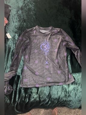 Blackmilk Sheer Black Mesh Top with Purple Graphic